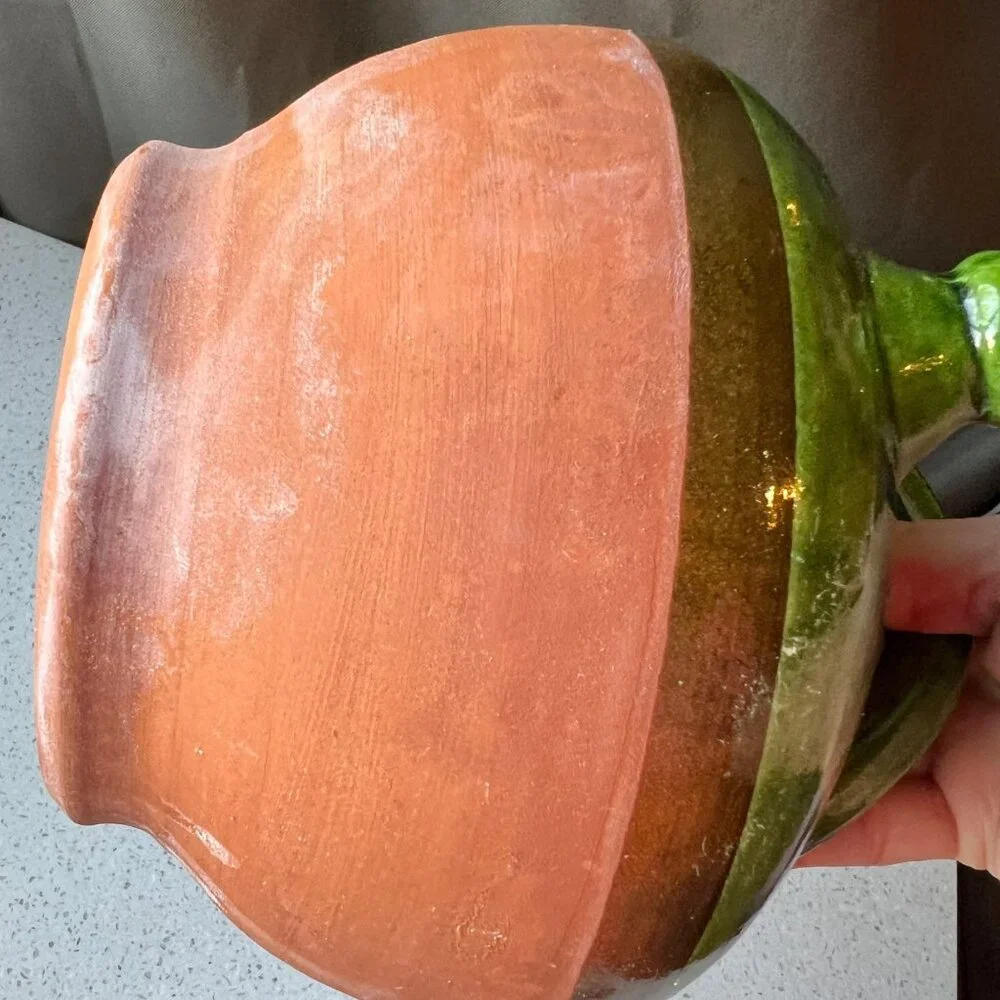 Handcrafted Green Glazed & Terracotta Clay French Gargoulette Confit Oil Jug